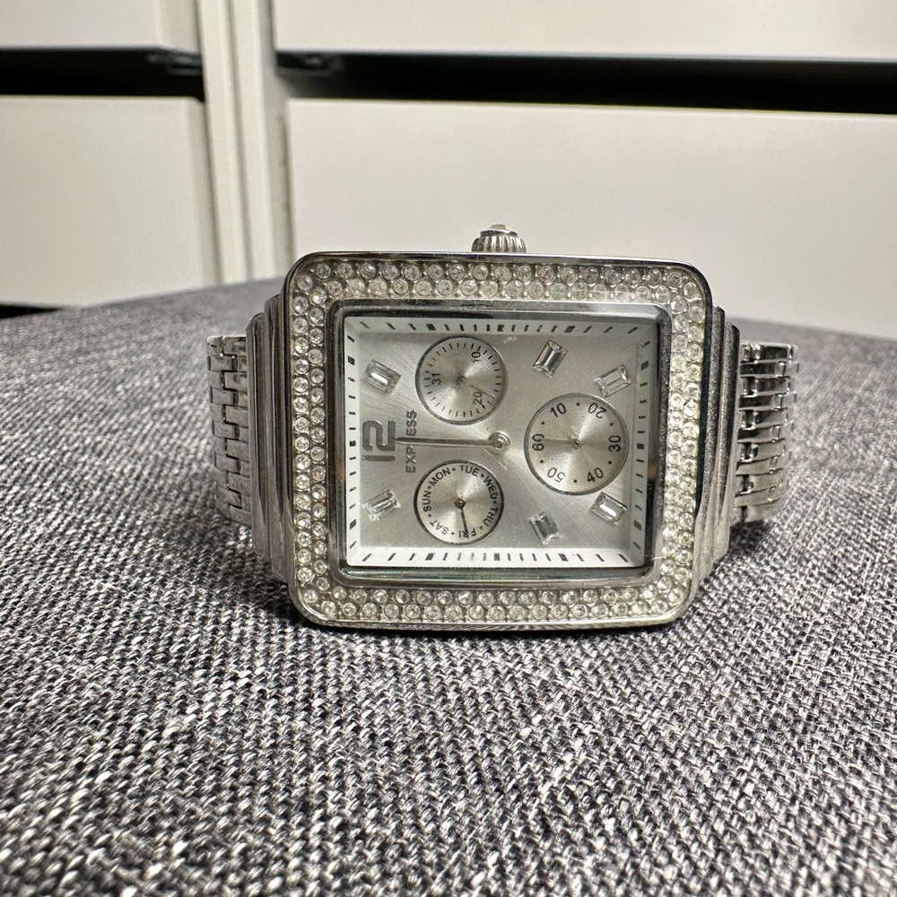 Express Women’s Silver-Tone Square Dial Watch with Crystal Accents